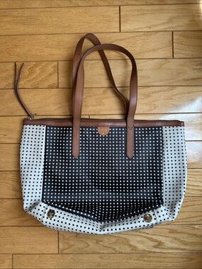 Fossil Black and Cream Perforated Polka Dot Tote with Brown Straps